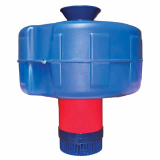 REEFE RSA750.SP floating dam pump product shot on white: blue PPO float ring, dark blue diffuser cone on top, red pump body and blue intake strainer beneath