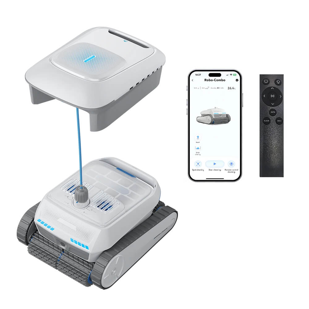 Robo-Tek Robo-Combo Cordless Robotic Pool Cleaner with Skimmer with the detachable skimmer module, app and remote
