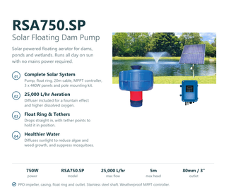 REEFE RSA750.SP solar floating dam pump feature summary listing the complete solar system, 25,000 L/hr aeration, float ring with tether points and 750W 48V rating