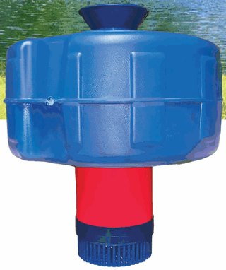 REEFE RSA750.SP floating dam pump unit in detail showing the moulded PPO float ring, diffuser outlet, red motor housing and strainer intake