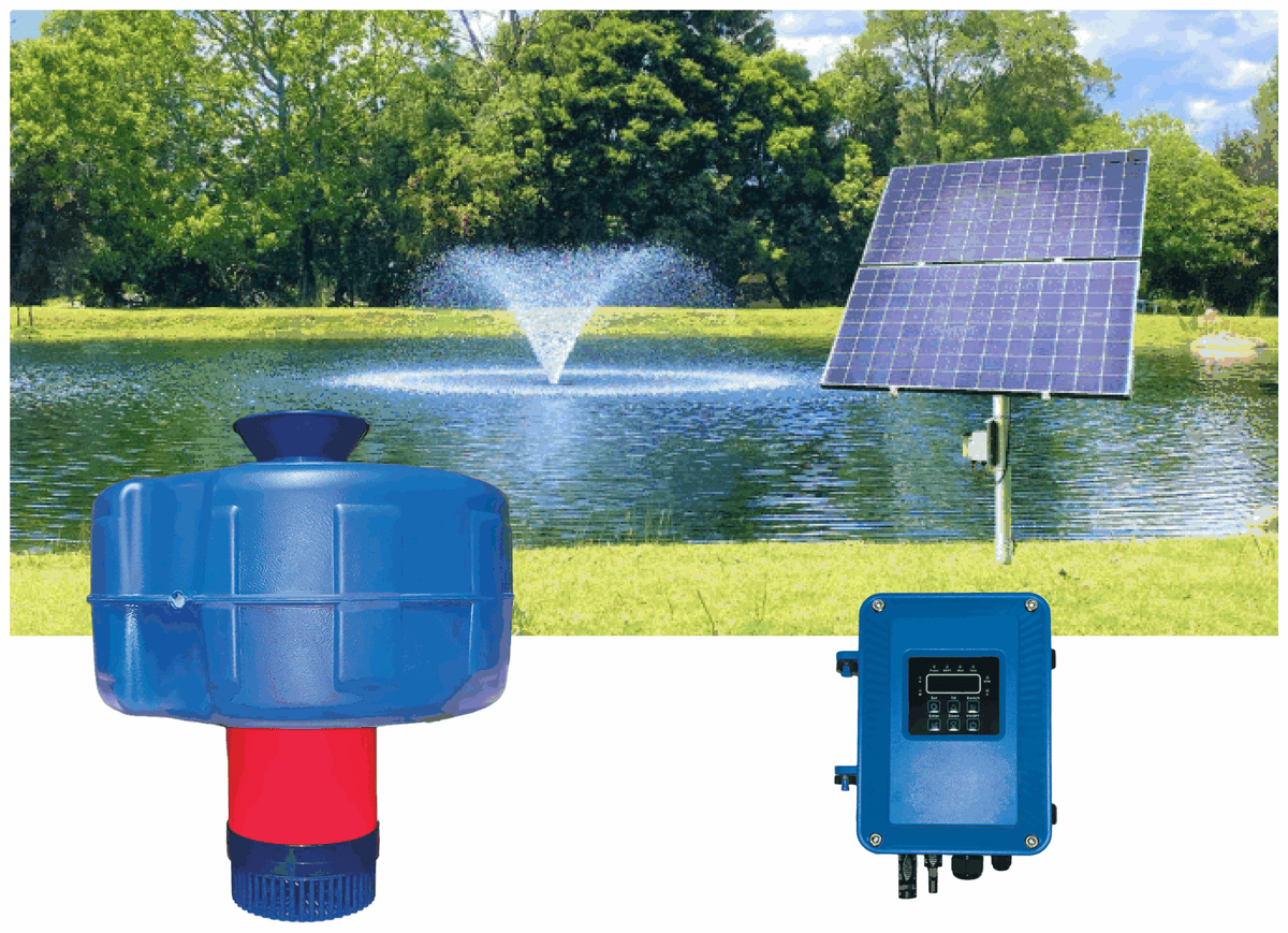 REEFE RSA750.SP solar floating dam pump complete system: blue floating aerator with red pump body and diffuser cone, weatherproof MPPT controller, and pole-mounted solar panel beside a farm dam running a fountain plume