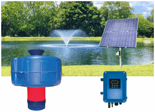 REEFE RSA750.SP solar floating dam pump complete system: blue floating aerator with red pump body and diffuser cone, weatherproof MPPT controller, and pole-mounted solar panel beside a farm dam running a fountain plume