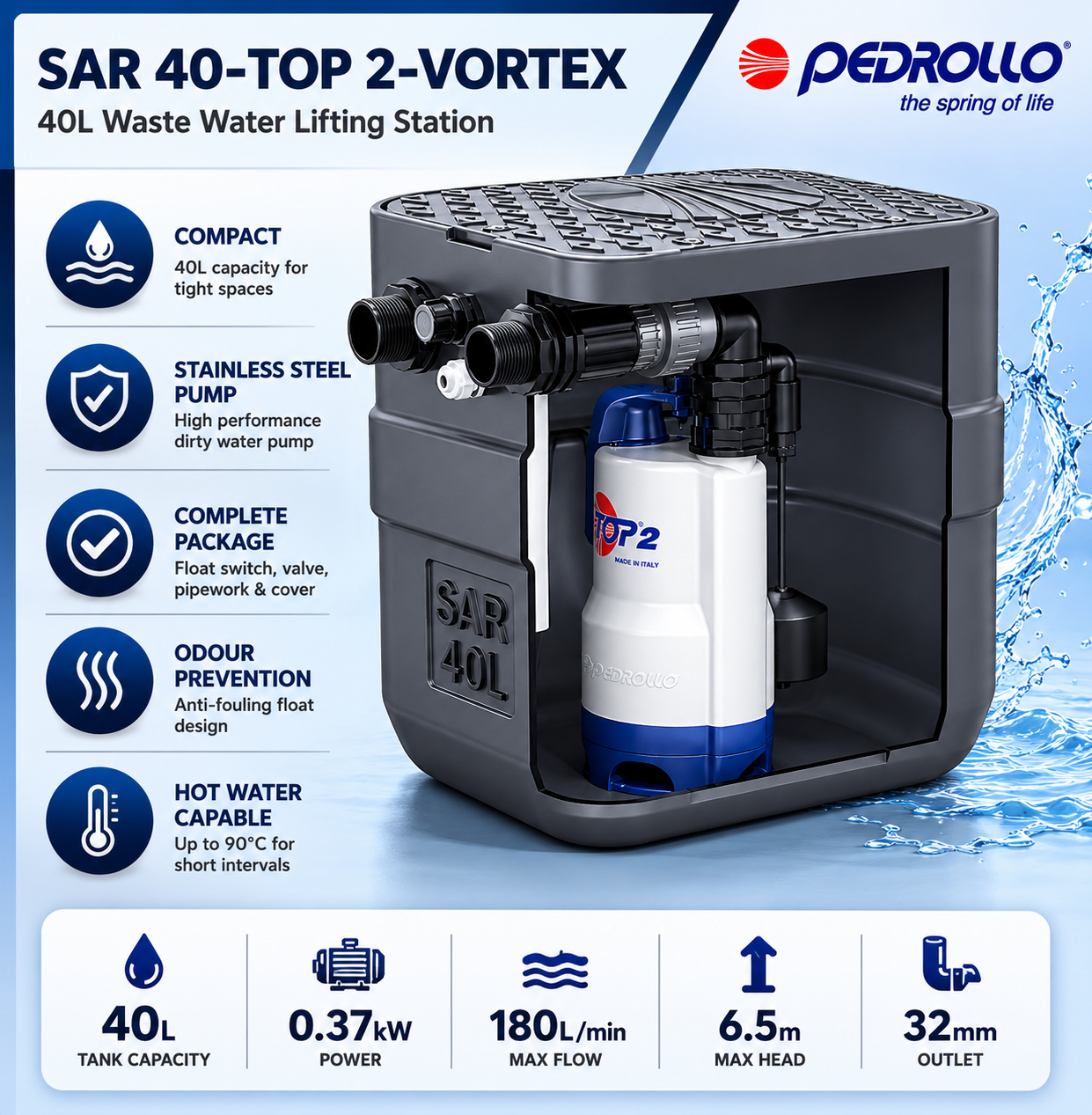 Pedrollo 40L SAR 40-TOP 2-VORTEX Waste Water Lifting Station 240V Single Phase