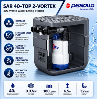 Pedrollo 40L SAR 40-TOP 2-VORTEX Waste Water Lifting Station 240V Single Phase