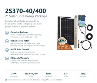 Tuhorse 2S370-40/400 solar bore pump package feature summary listing the complete kit contents, helical screw rotor, MPPT control box, 400W of panels and 24 month warranty