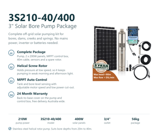 Tuhorse 3S210-40/400 solar bore pump package feature summary listing the complete kit contents, helical screw rotor, MPPT control box, 400W of panels and 24 month warranty