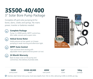 Tuhorse 3S500-40/400 solar bore pump package feature summary listing the complete kit contents, helical screw rotor, MPPT control box, 400W of panels and 24 month warranty