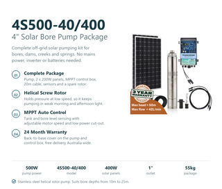 Tuhorse 4S500-40/400 solar bore pump package feature summary listing the complete kit contents, helical screw rotor, MPPT control box, 400W of panels and 24 month warranty