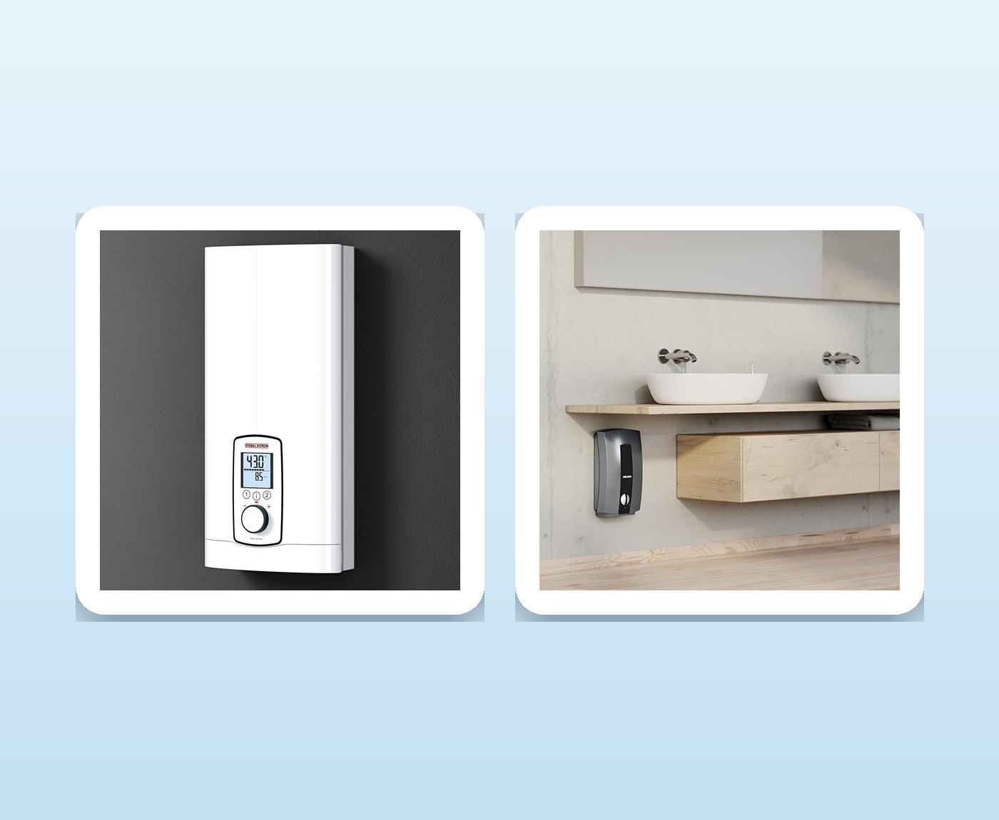 Wall-mounted electric instantaneous hot water system next to a compact unit installed under a bathroom vanity