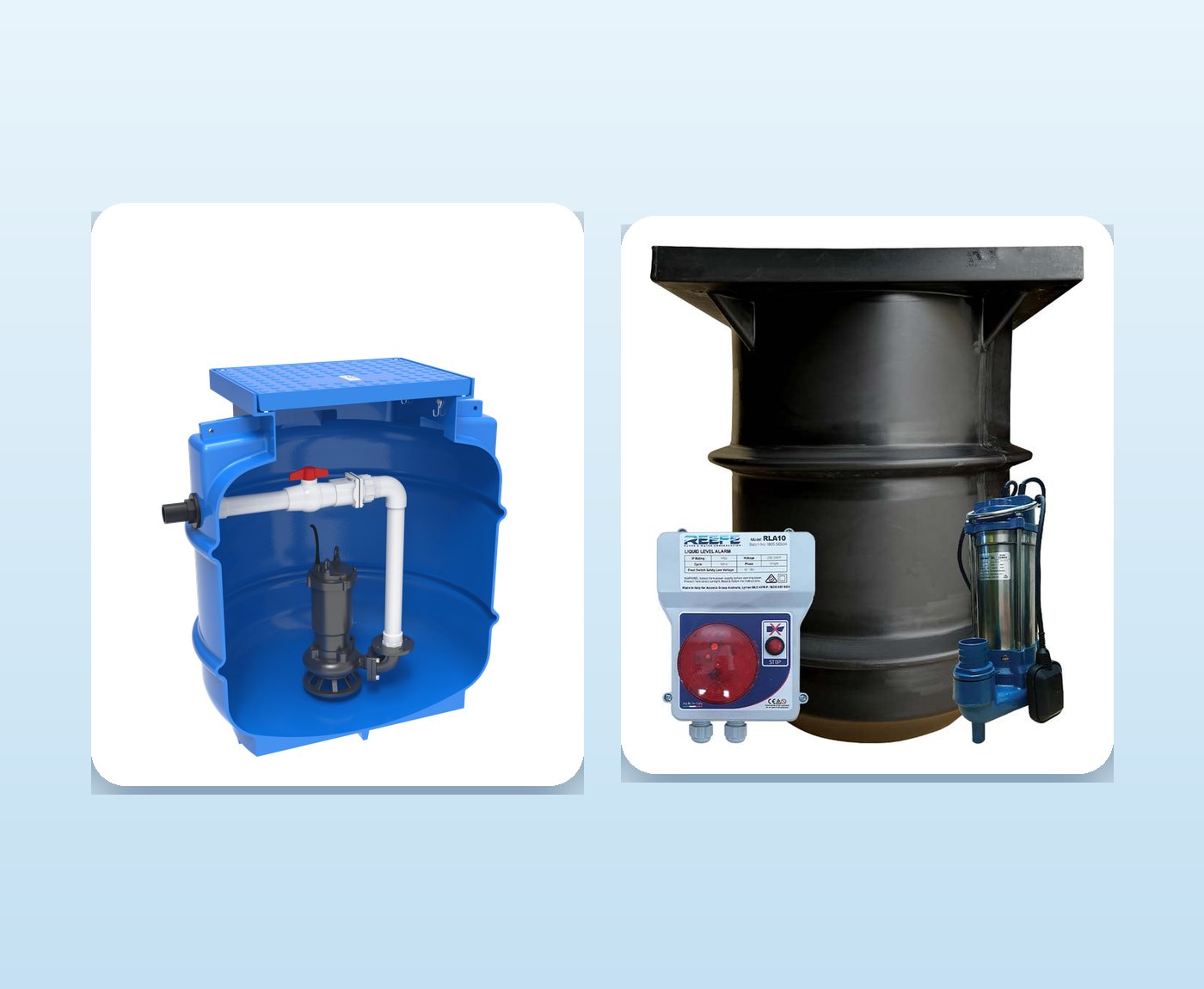 Pre-assembled sewer pump station cut away to show the pump, next to a packaged pump station kit with alarm panel